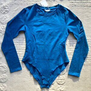 New Sz. S Mangopop long sleeve bodysuit, lapis/peacock blue, round neck, snaps
